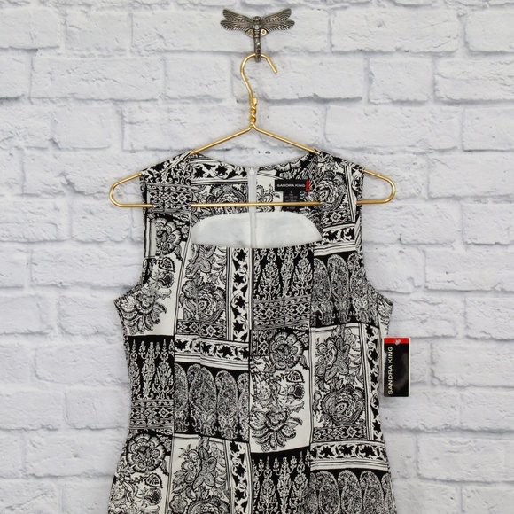 NWT! Sandra King Black White Silk Floral Paisley Square Neck Short Dress Size 6 - Picture 2 of 8
